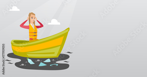 Sanitation worker working on boat to catch garbage out of water. Woman clutching head while looking at polluted water. Water pollution concept. Vector flat design illustration. Horizontal layout.