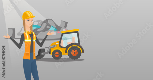 Worker of rubbish dump standing with spread arms. Woman standing on the background of rubbish dump and bulldozer. Caucasian worker of rubbish dump. Vector flat design illustration. Horizontal layout.