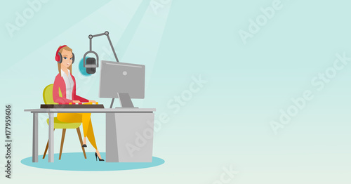 Young dj working in front of microphone, computer and mixing console on the radio. Caucasian news presenter in headset working on the radio station. Vector flat design illustration. Horizontal layout.