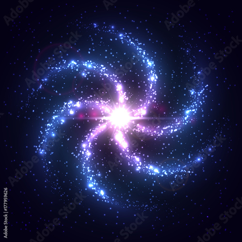 Vector spiral galaxy. Beautiful abstract cosmic background. Bright night sky. Creative space illustration.