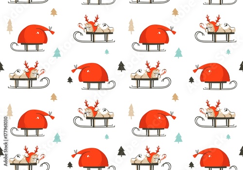Hand drawn vector abstract fun Merry Christmas time cartoon illustration seamless pattern with french bulldog in deer costume on sleigh and Santa Claus bag isolated on white background