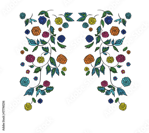 Floral design , embroidery pattern. Colorful vector illustration hand drawn. Fantasy flowers leaves. T-shirt designs.