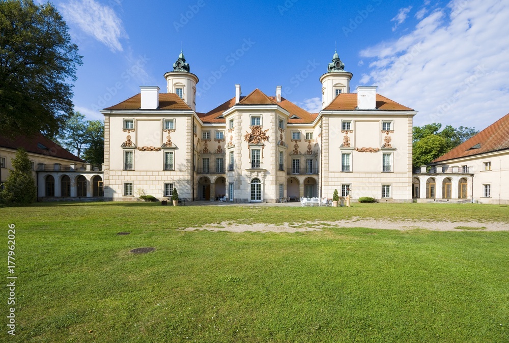 Decorative facade of Baroque style Bielinski Palace in Otwock Wielki (near Warsaw) seen from a park, Poland
