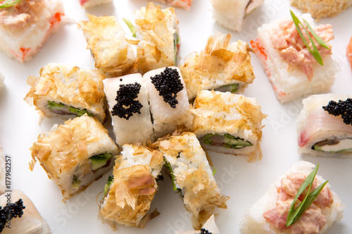 Japanese sushi rolls,maki on white background