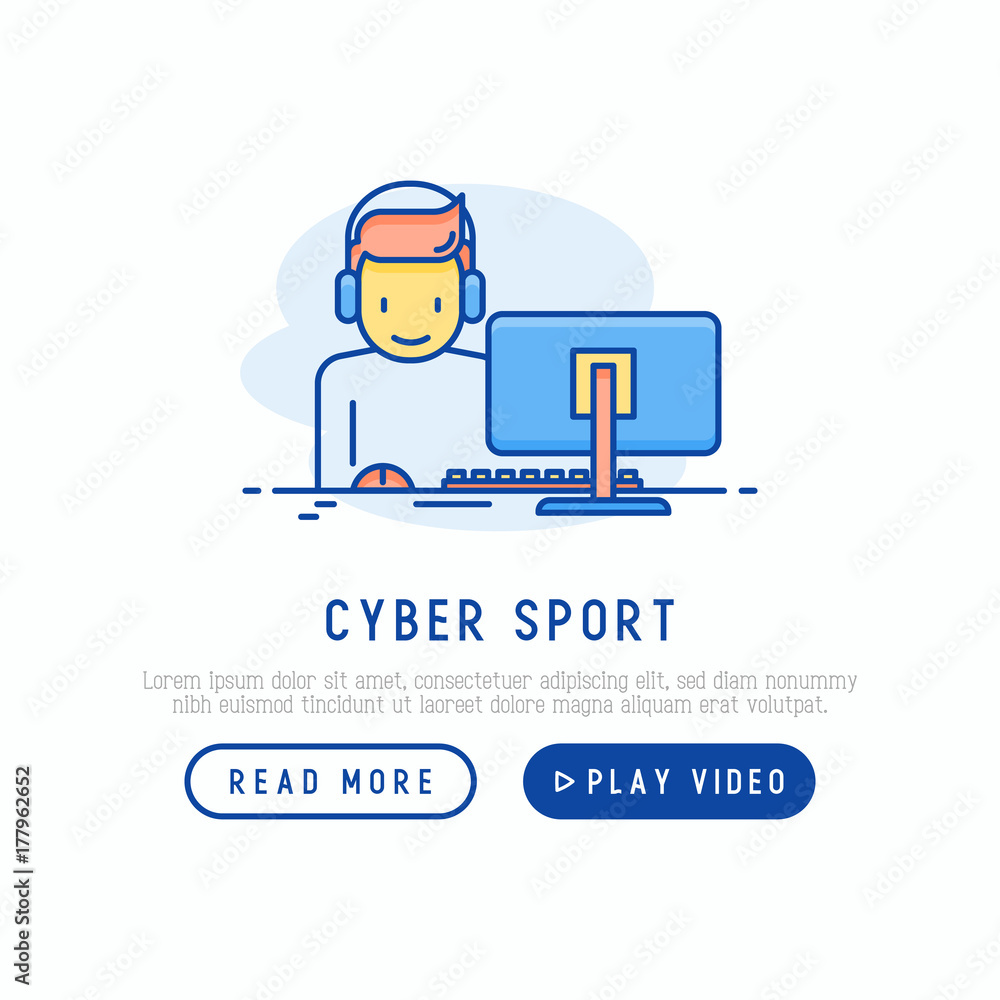 Cybersport concept with thin line icons: gamer is playing on pc with headset and mouse. Modern vector illustration for banner, web page, print media.