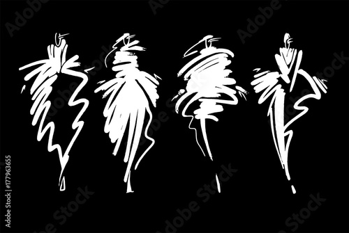 Fashion models sketch hand drawn , stylized silhouettes isolated.Vector fashion illustration set.
