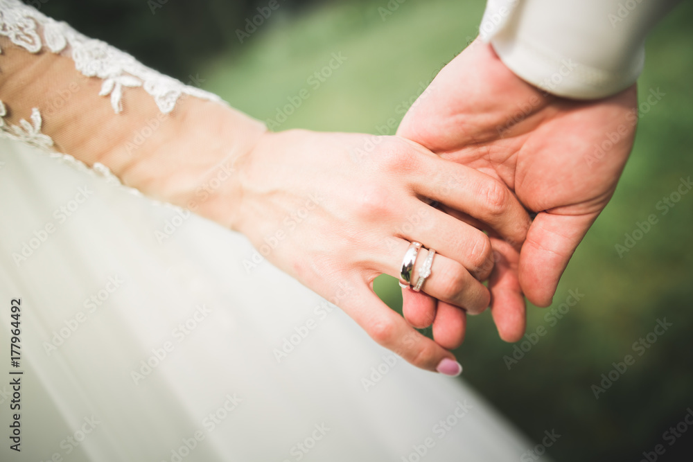 Wedding couple bride and groom holding hands Wedding couple bride and groom holding hands