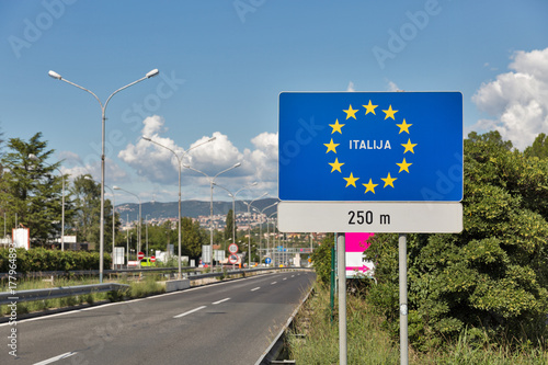 Highway on Slovenia- Italy board in Skofije, Slovenia.