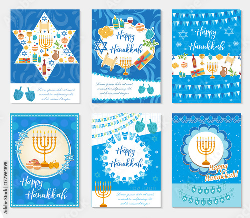 Happy Hanukkah set of greeting cards, flyer, poster. Hanukkah collection of templates for your invitation design. With menorah, sufganiyot, bunting, dreidel. Jewish holiday. Vector illustration