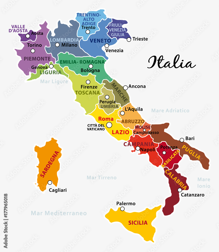 Fotografia Mappa dell'Italia colorata con regioni, capitale e capoluoghi su  EuroPosters.it