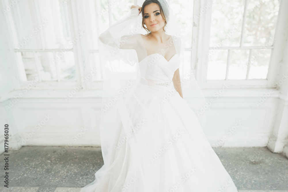 Beautiful bride in wedding dress with long full skirt, white background, dance and smile Beautiful bride in wedding dress with long full skirt, white background, dance and smile