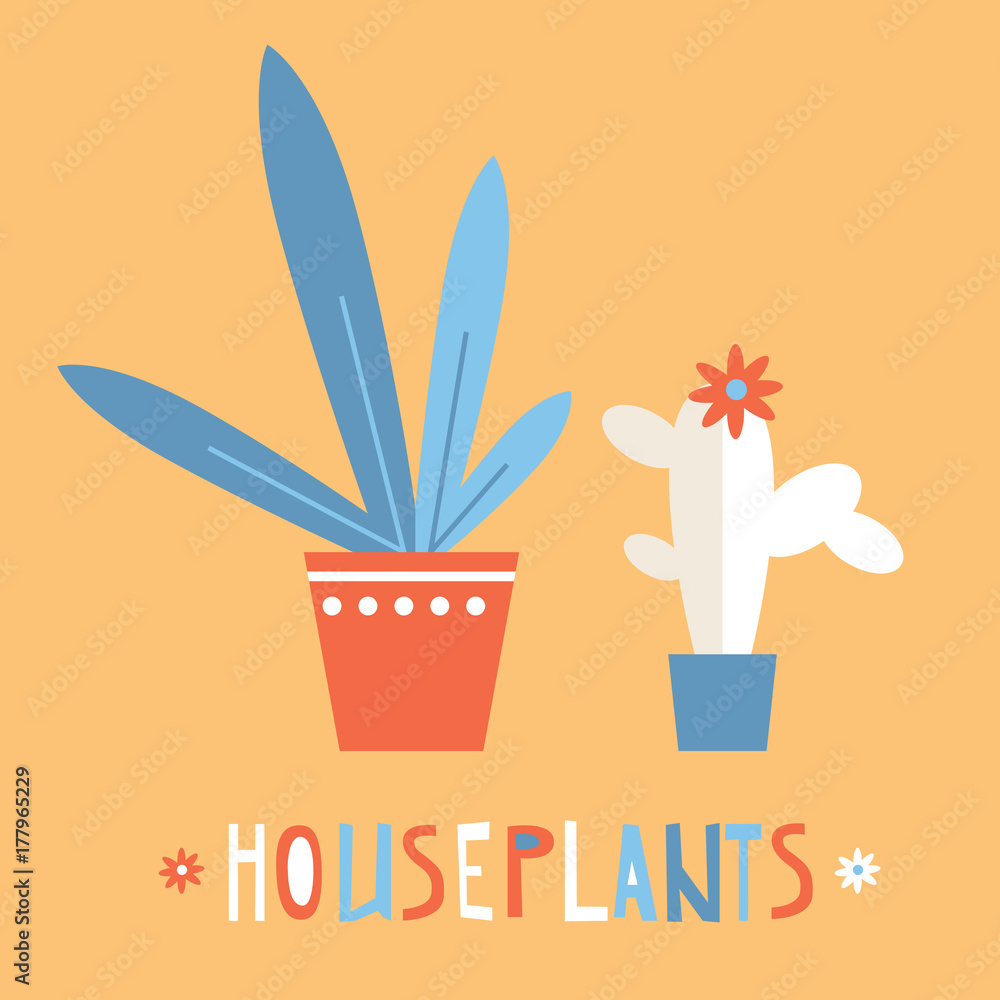 Simple vector bright flat houseplants. Succulent and leaves. Gre