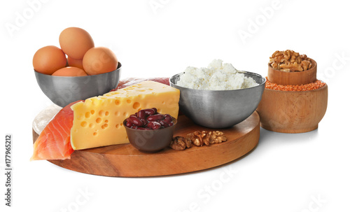 High protein food on white background photo