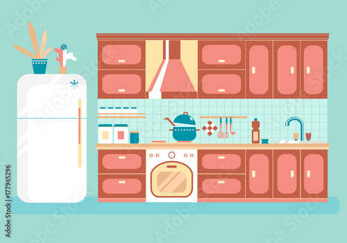Kitchen with furniture. Cozy kitchen interior with stove, cupboa
