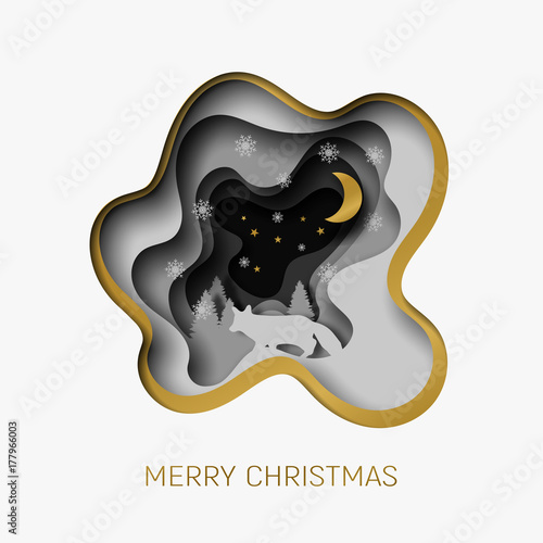 Merry Christmas 3d abstract paper cut illustration of fox, tree, snow, moon and stars in the night.