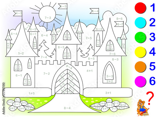 Mathematical worksheet for children on addition and subtraction. Need to solve examples and paint the castle in relevant colors. Developing skills for counting. Vector image.