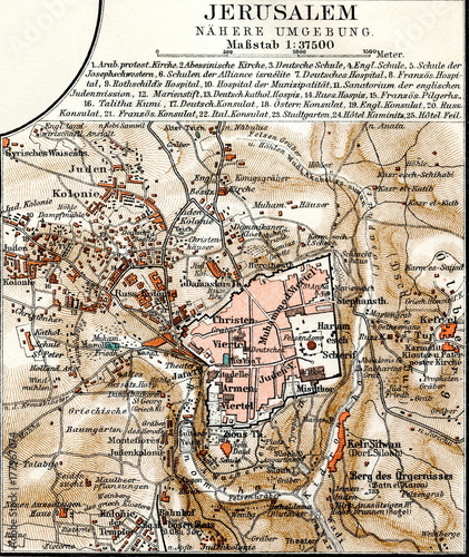 Fotografie, Obraz Map of Jerusalem (from Meyers Lexikon, 1896, 13/424/425)