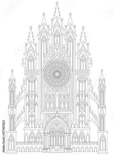 Fantasy drawing of medieval Gothic castle. Black and white page for coloring. Worksheet for children and adults. Vector image.