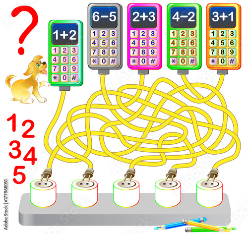 Educational page with exercises for children on addition and subtraction. Help to charge mobile phones. Solve examples. Write the numbers on relevant outlets. Vector image.