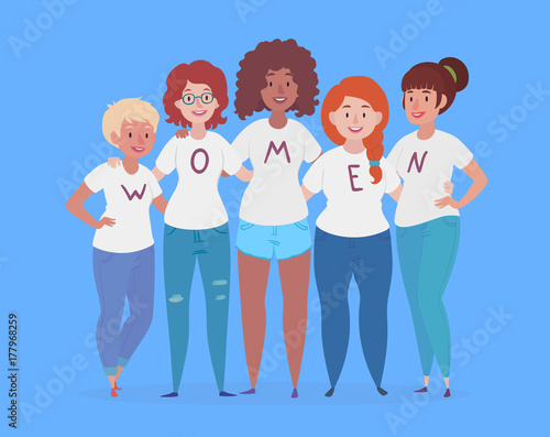 Group of women are hugging. Female team together. Vector illustration in a flat style.