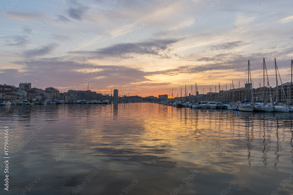 Sunset in old port, the main popular place in Marseille