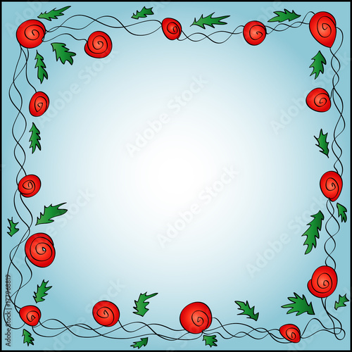 Square frame of curly red roses on a blue background