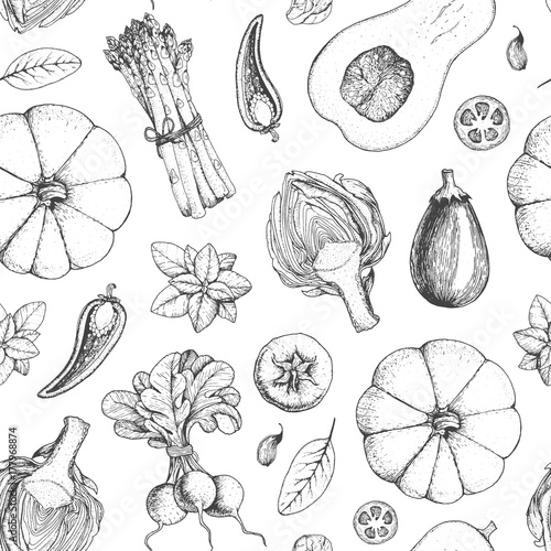Vegetables seamless pattern. Farmers market menu design template. Organic vegetables food packaging pattern. Vintage hand drawn sketch vector illustration. Line art graphic. Engraved style.
