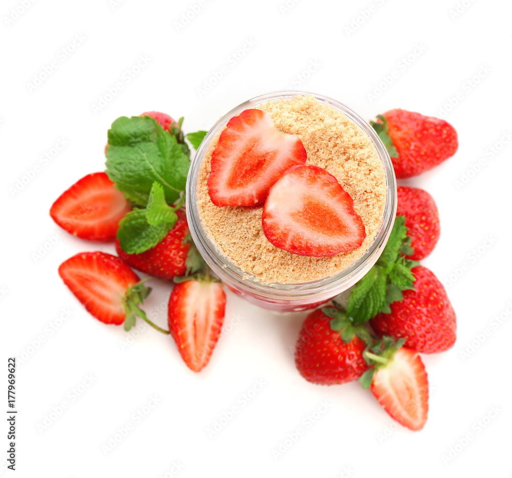Tasty strawberry dessert in jar, isolated on white Tasty strawberry dessert in jar, isolated on white