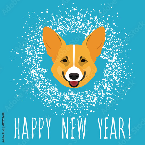 New year of the dog card template. Cute welsh corgi dog portrait and abstract hand drawn pattern