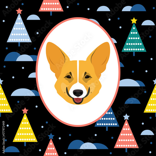 New year of the dog card template. Cute welsh corgi dog portrait and abstract hand drawn pattern