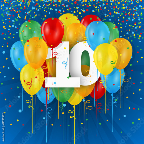 HAPPY 10th BIRTHDAY / ANNIVERSARY card with bunch of multicoloured balloons