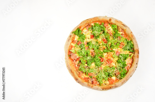 Spicy pizza with seasoning. Pizza with bacon, tomatoes and cheese,