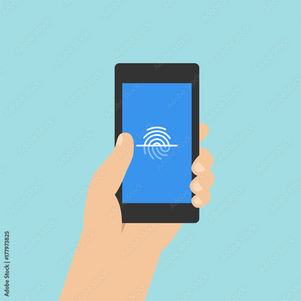 Fingerprint recognition on smartphone screen with hand holding the phone. Flat vector mobile phone illustration. Fingerprint recognition on smartphone screen with hand holding the phone. Flat vector mobile phone illustration.