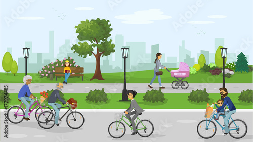 City park. People walking and and cycling outdoor. Vector illustration.