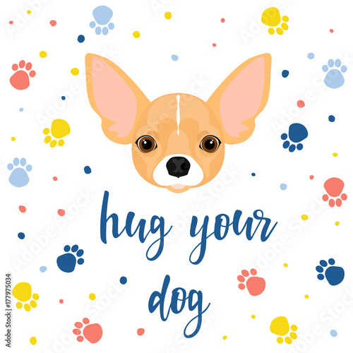 New year of the dog card template. Cute chihuahua dog portrait and dog paw pattern background