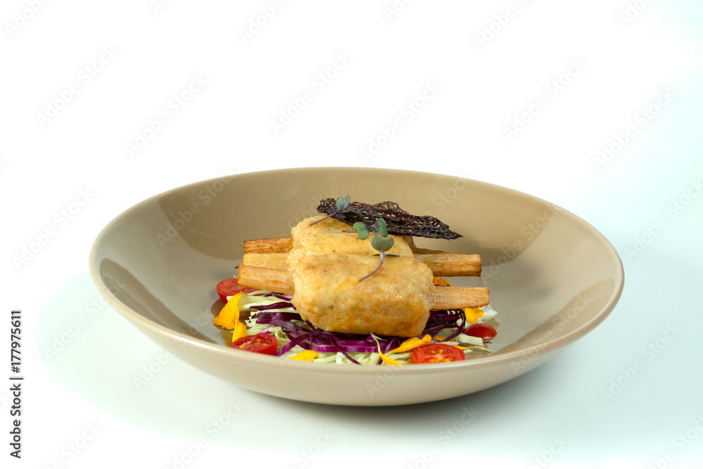 Fried shrimp mousse on sugar cane skewer on white background with clipping path Fried shrimp mousse on sugar cane skewer on white background with clipping path
