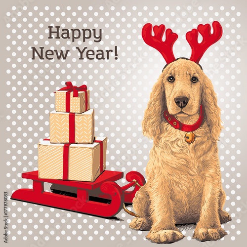 Dog sitting in deer hat next to gift 
