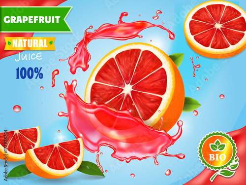 Grapefruits juice advertising. Realistic citrus fruit fresh ad.