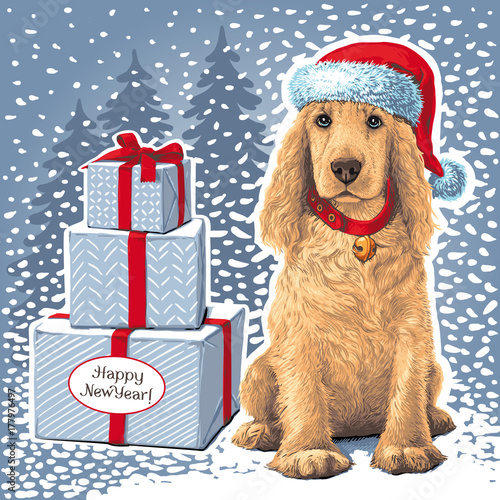 Dog Sitting In Santa Hat Next To Gift 