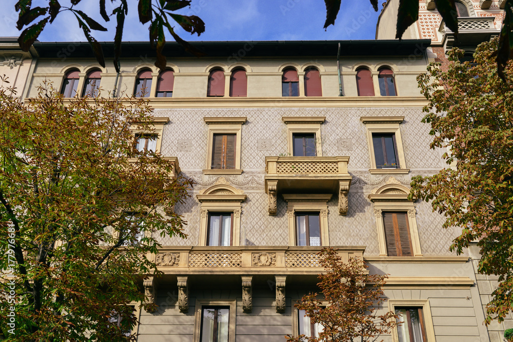 Fototapeta premium Colourful and bright art-noveau (Liberty) style buildings in Milan, Lombardy, Italy
