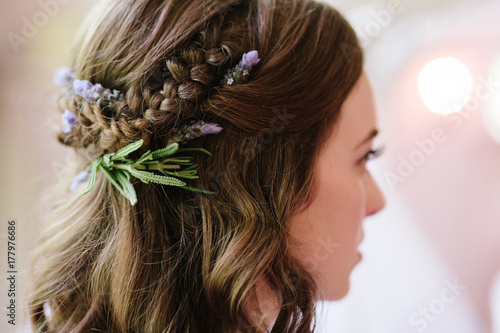 detail of bridal hair style with lavender and braid