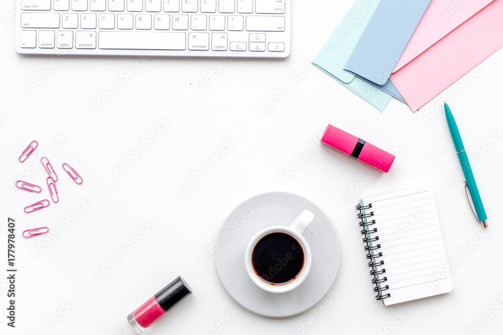 notebook, cosmetics and flowers for female home office on white background top view copyspace notebook, cosmetics and flowers for female home office on white background top view copyspace