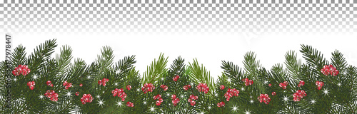 wide garland of Christmas trees, isolated. Branches of Christmas trees and red berries, snowflakes.Vector illustration. Eps 10.