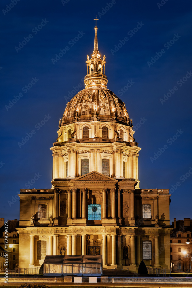 Paris, France - October 20, 2017: Night view to Les Invalides. Copy space in blue sky.