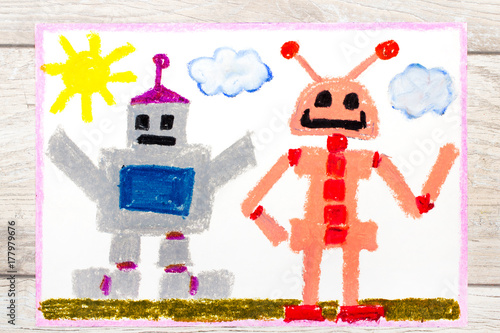 Photo of a colorfful drawing: Two different robots photo