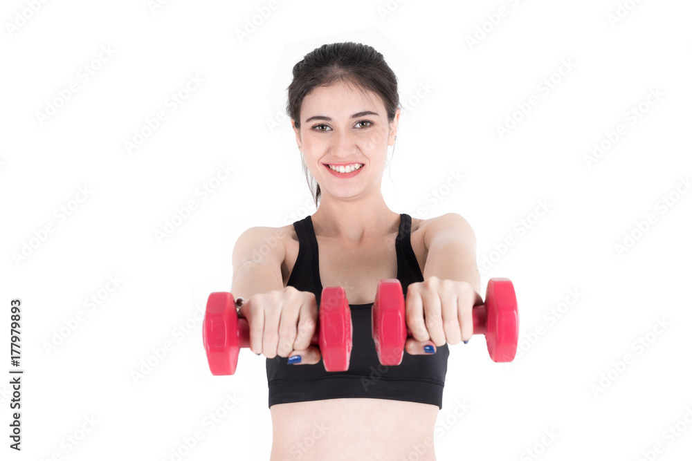 Beautiful young fitness woman in sportswear Lifting Dumbbells in Weight Training gym over white background Beautiful young fitness woman in sportswear Lifting Dumbbells in Weight Training gym over white background