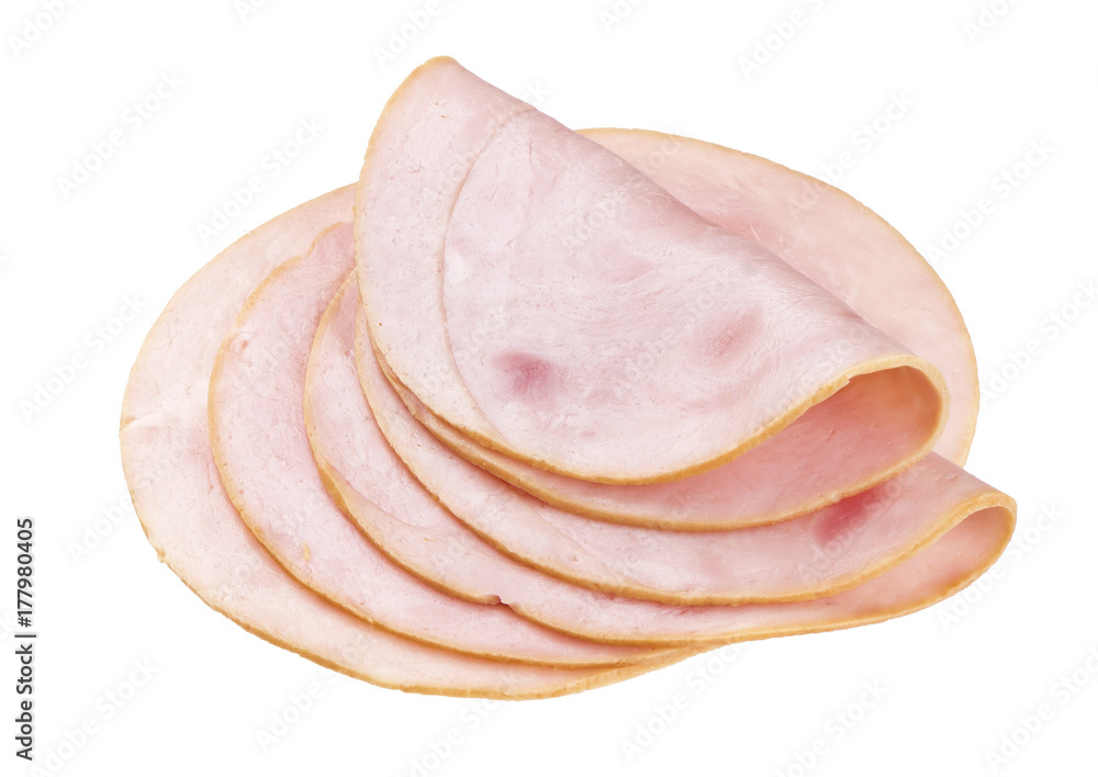 Slices of smoked ham or sausage isolated on white Slices of smoked ham or sausage isolated on white
