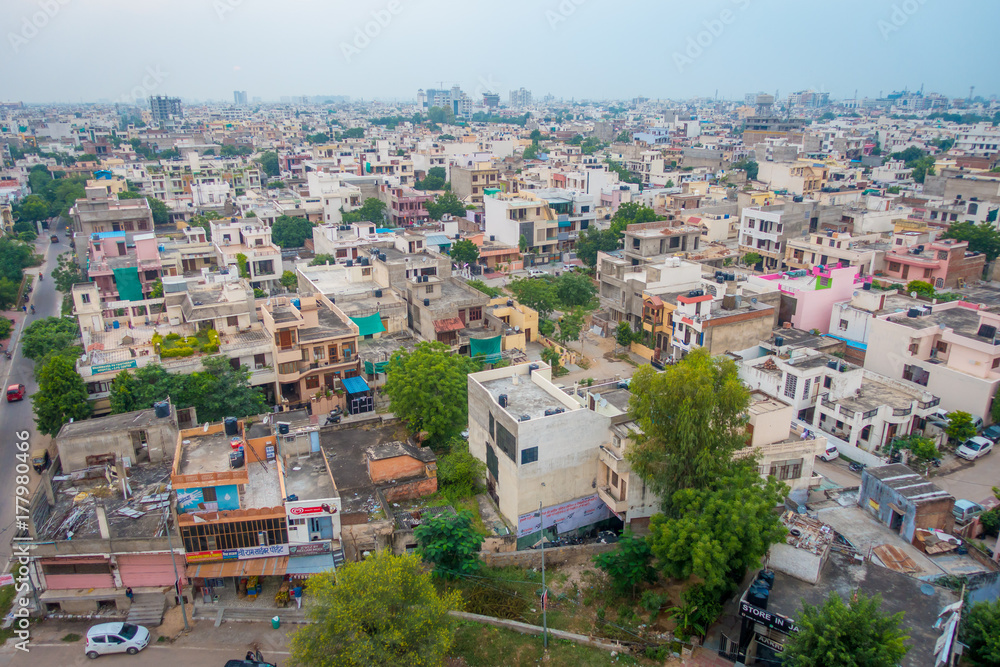 Jaipur, India - September 20, 2017: Beautiful aerial view of old rooftops of the buildings in the city in Rajasthan state, in India