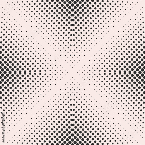 Vector seamless pattern, visual halftone gradually transition effect. Monochrome texture with small circles in pyramid form, square abstract background. Design element for prints, decor, digital, web