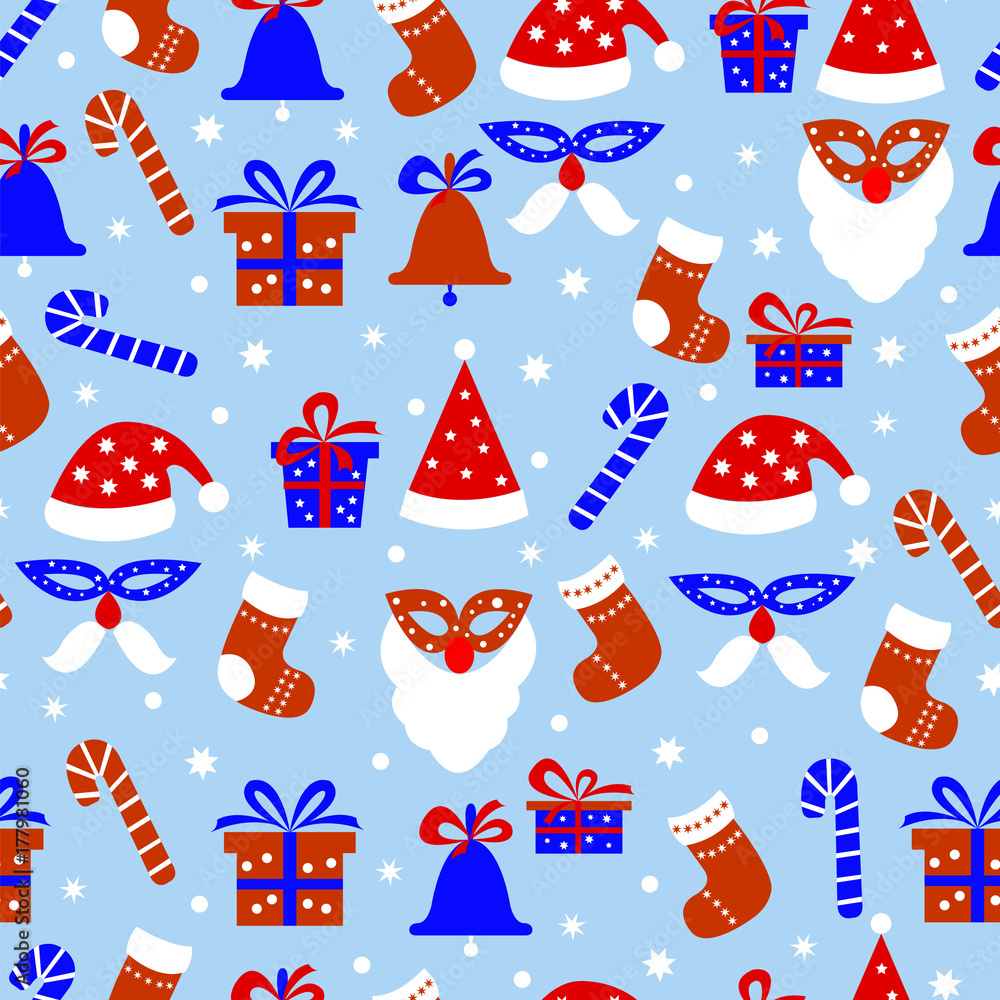 Seamless pattern with christmas elements on a blue background, gifts, christmas sock, sweet stick, bell, Santa hat.